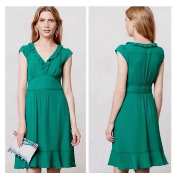 Maeve Dresses & Skirts - Maeve Anthropologie Green Ruffle V-Neck Empire Waist Fit Flare Dress Womens 12